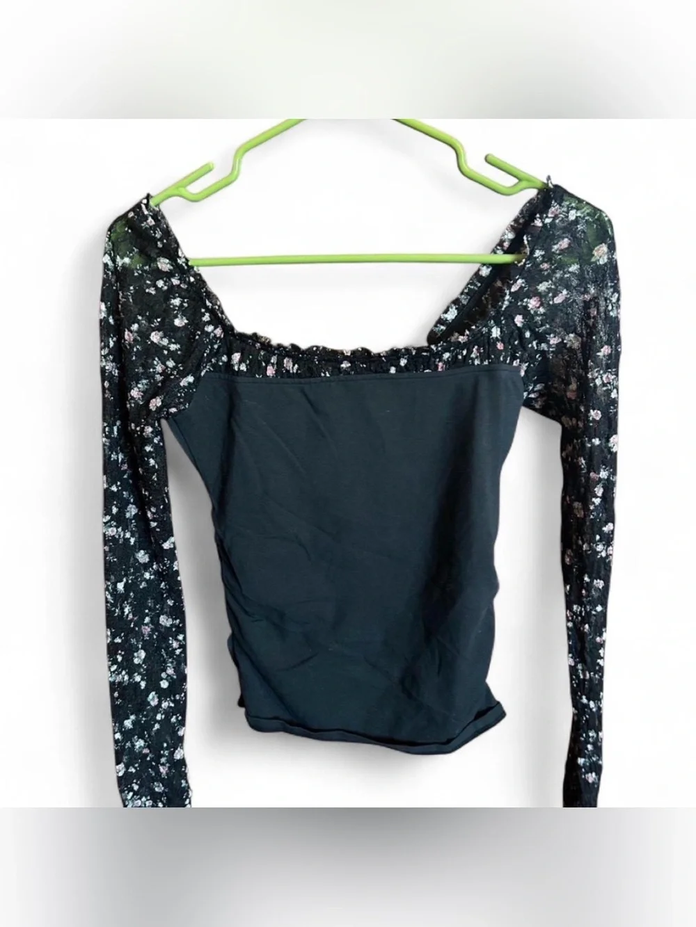 Free People Black Floral Mesh Long Sleeve Square Neck Top